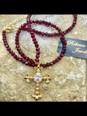 Red Beaded Necklace with Gold Cross Pendant